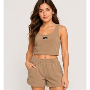 FIVE Beige Crop Tank and Shorts Sweat Lounge Set Womens LARGE Top SMALL Shorts